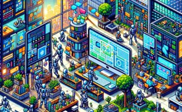 Ilustracja pixelart symbolizująca współpracę ludzi i AI