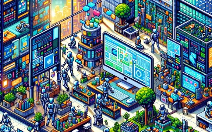 Ilustracja pixelart symbolizująca współpracę ludzi i AI